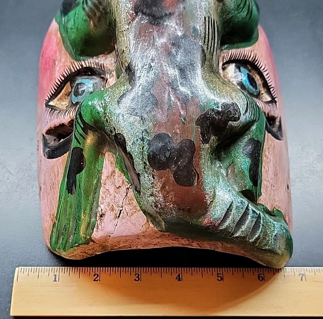 VTG Mexican Carved Wood Folk Art Dance Mask Painted Lizard Face with Blue Eyes