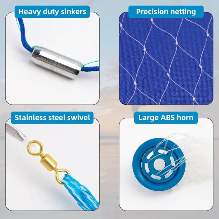 6/8/10/12/16FT Fishing Cast Net Bait Easy Throw Hand Cast Strong Nylon Mesh USA