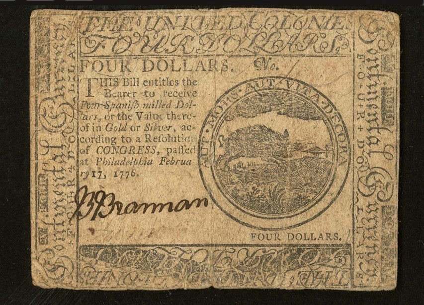 1776 American Revolution $4 Continental Currency, Colonial Banknote CC-26, PCGS