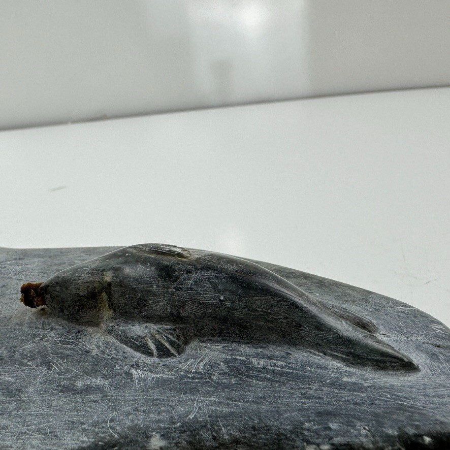 Alaskan Native Vtg Soapstone Tableau Seal & Hunter Contemporary Green Variegated