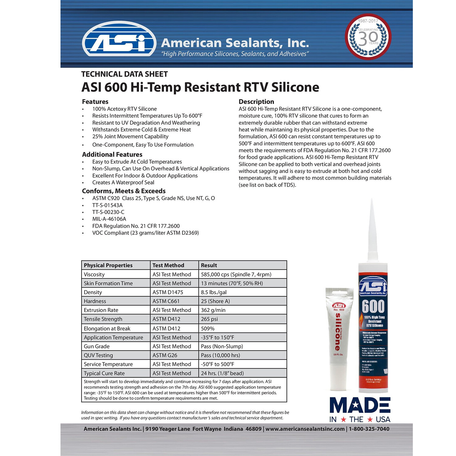 ASI 600 High Temperature RTV Silicone Sealant 10.2 Oz