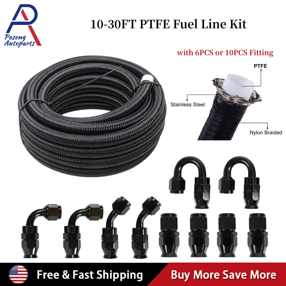 6AN-8AN-10AN Black Nylon E85 PTFE Fuel Line 10-30FT w/6 or 10 Fittings Hose Kit