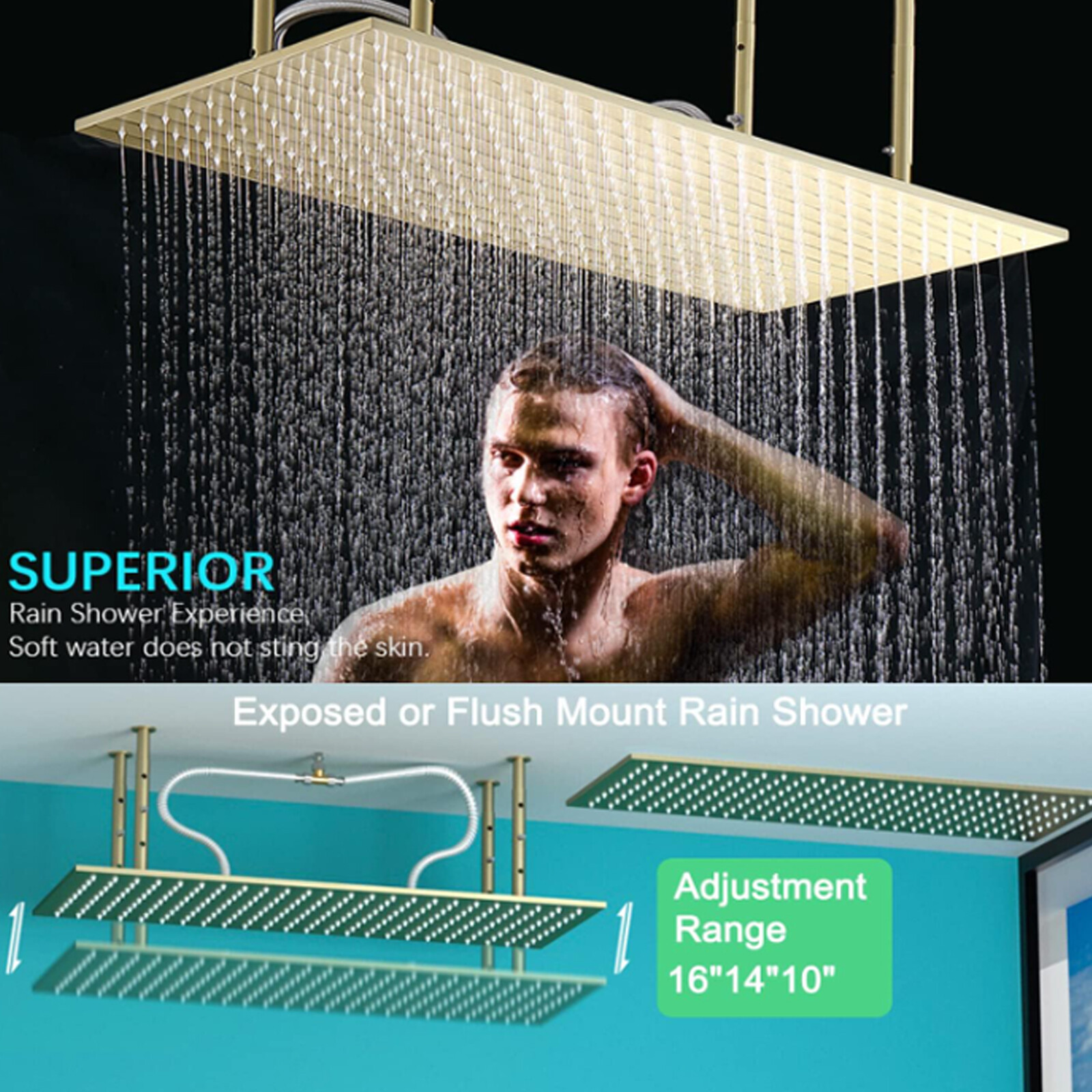32x16" Large Rainfall High Pressure Luxury Shower Head Top Sprayer Ceiling Mount