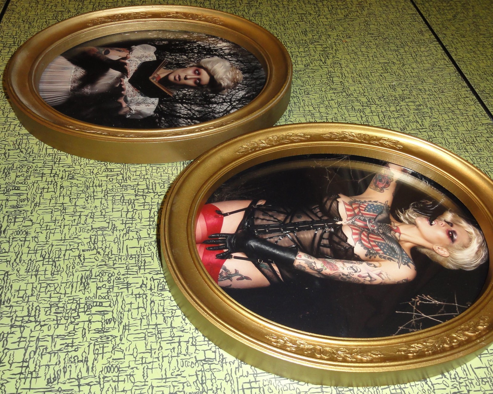 Vintage Two Gold Oval Frames with Gothic Pinup Girl Photos Vampire Look tattooed