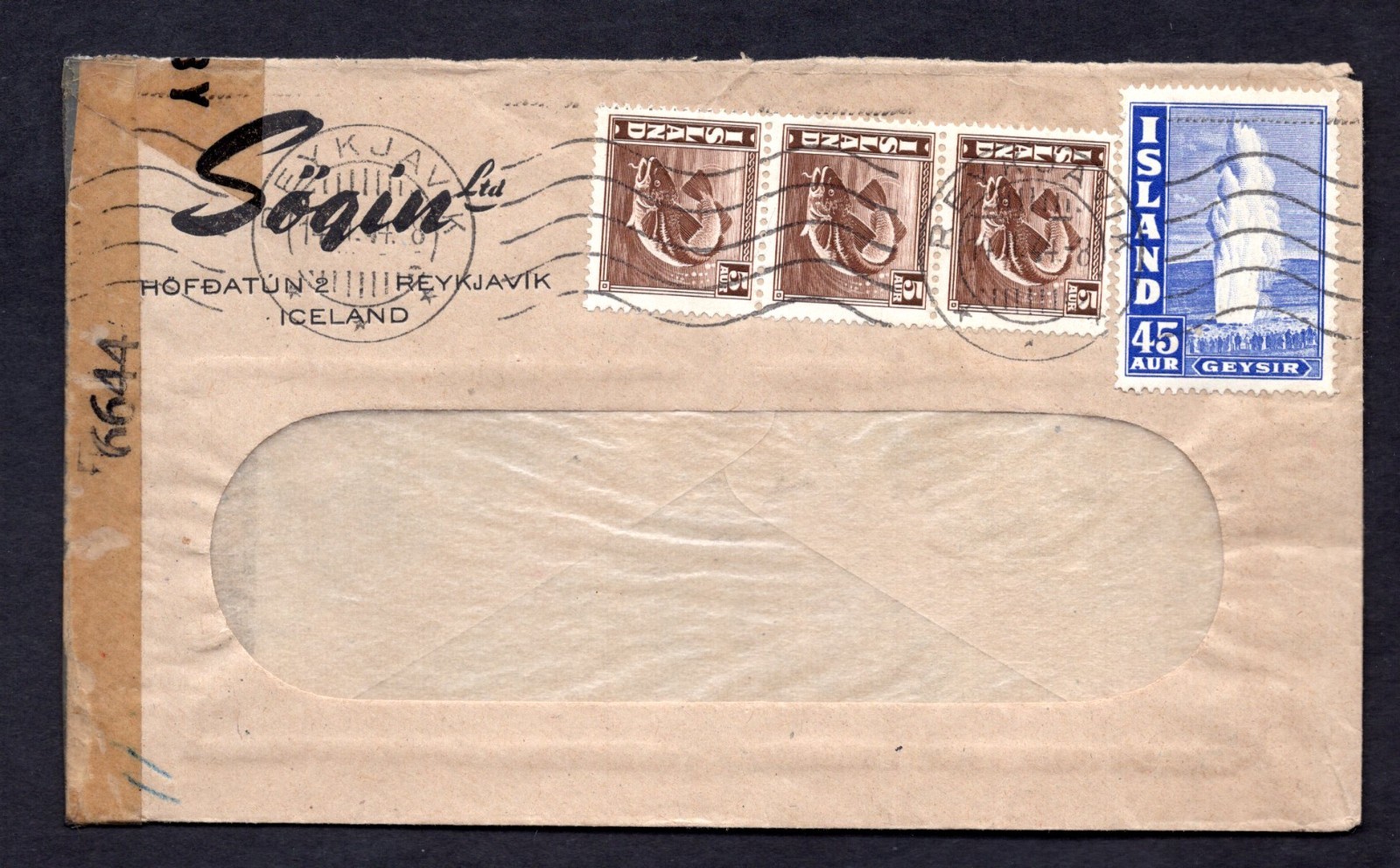 ICELAND 1944 WARTIME CENSORED REYKJAVIK TO ENGLAND ON WINDOW COVER