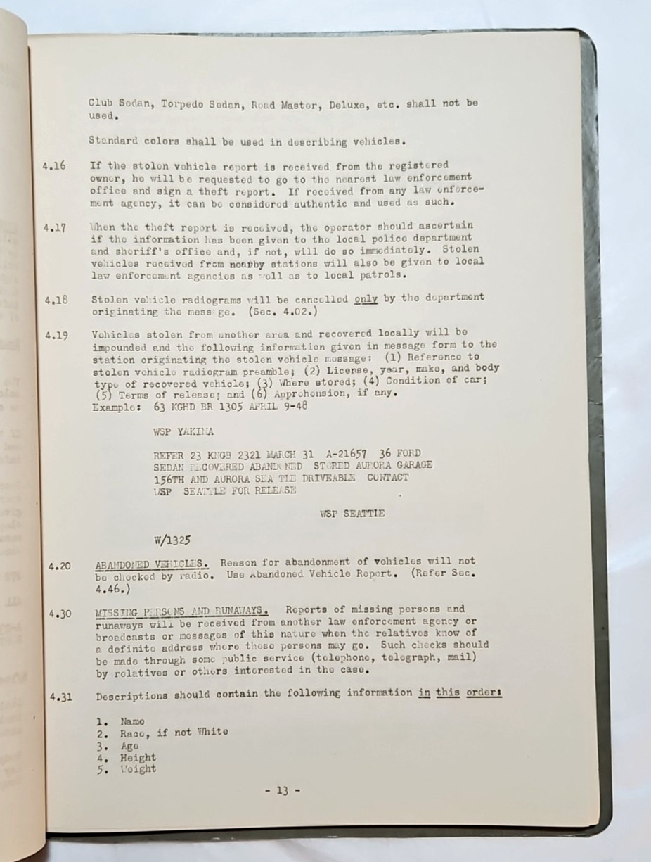 Washington State Patrol, Official 1947~48 Edition Radio Operator's Manual 46pg.