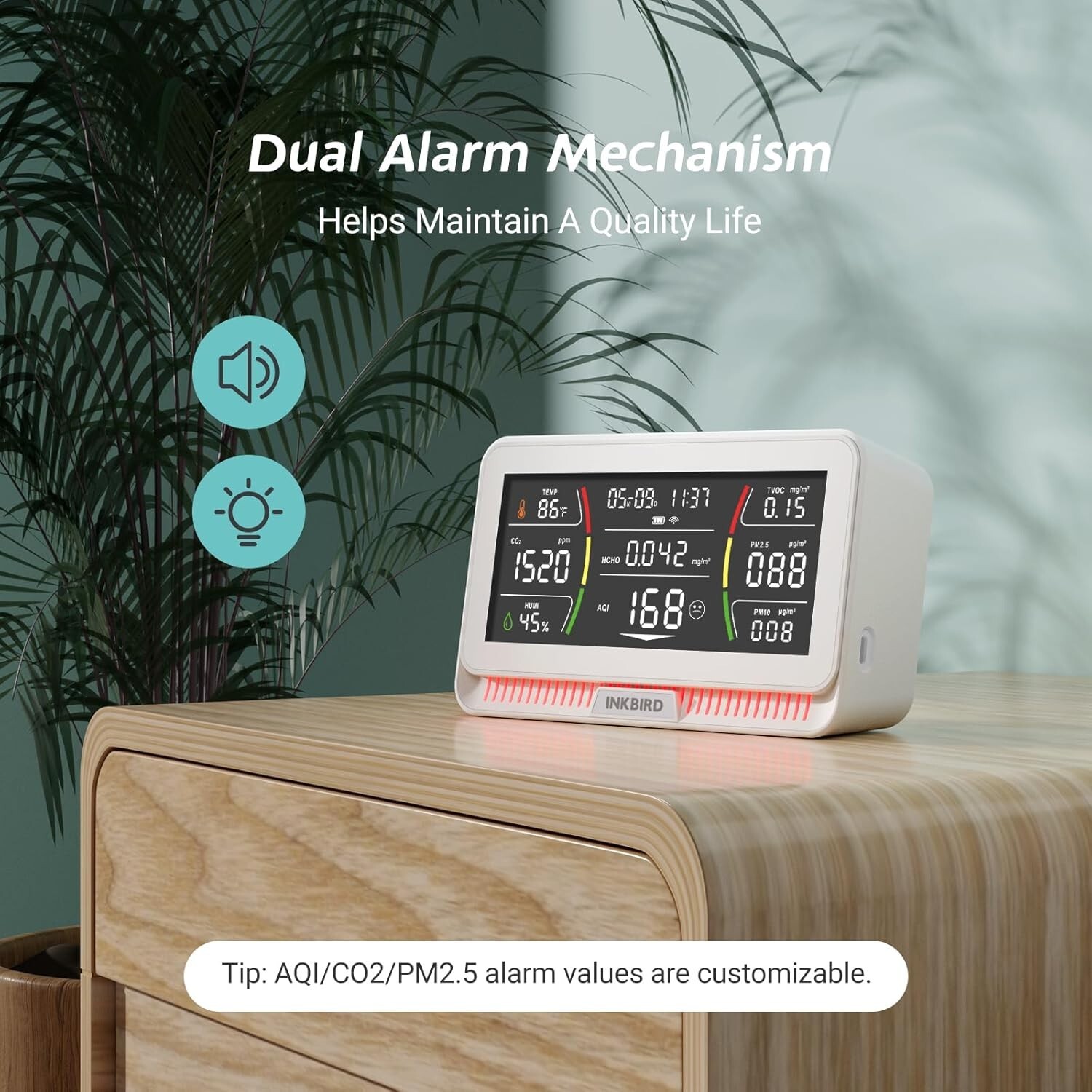 INKBIRD Air Quality Monitor Indoor Co2 Detector Portable 10-in-1 PM2.5 HCHO AQI