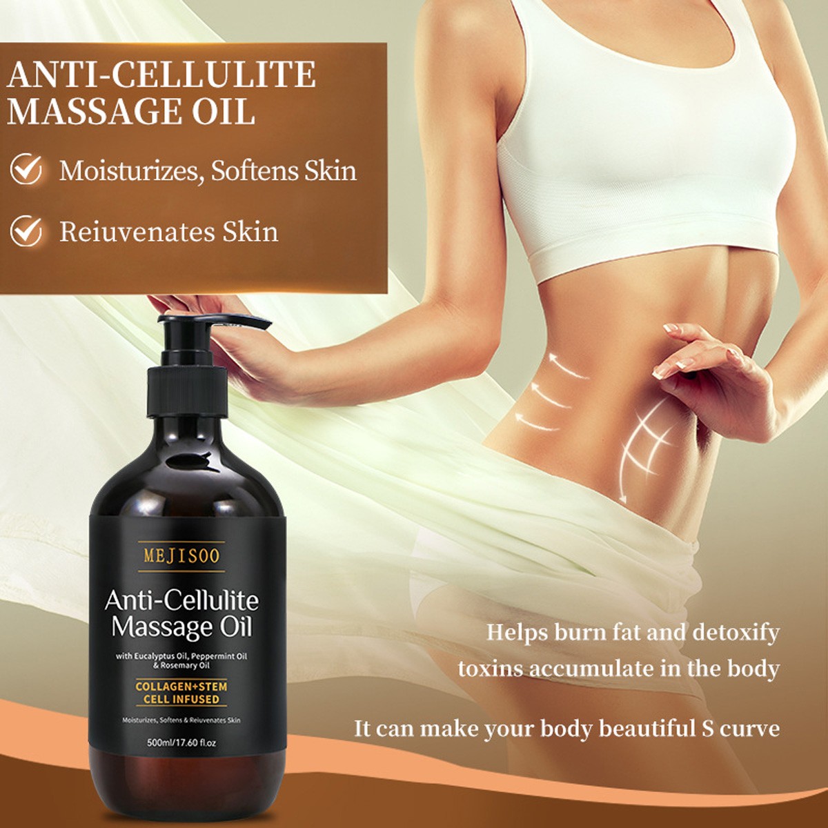Anti Cellulite Massage Oil Infused with Collagen and Stem Cell Skin Tightening ~
