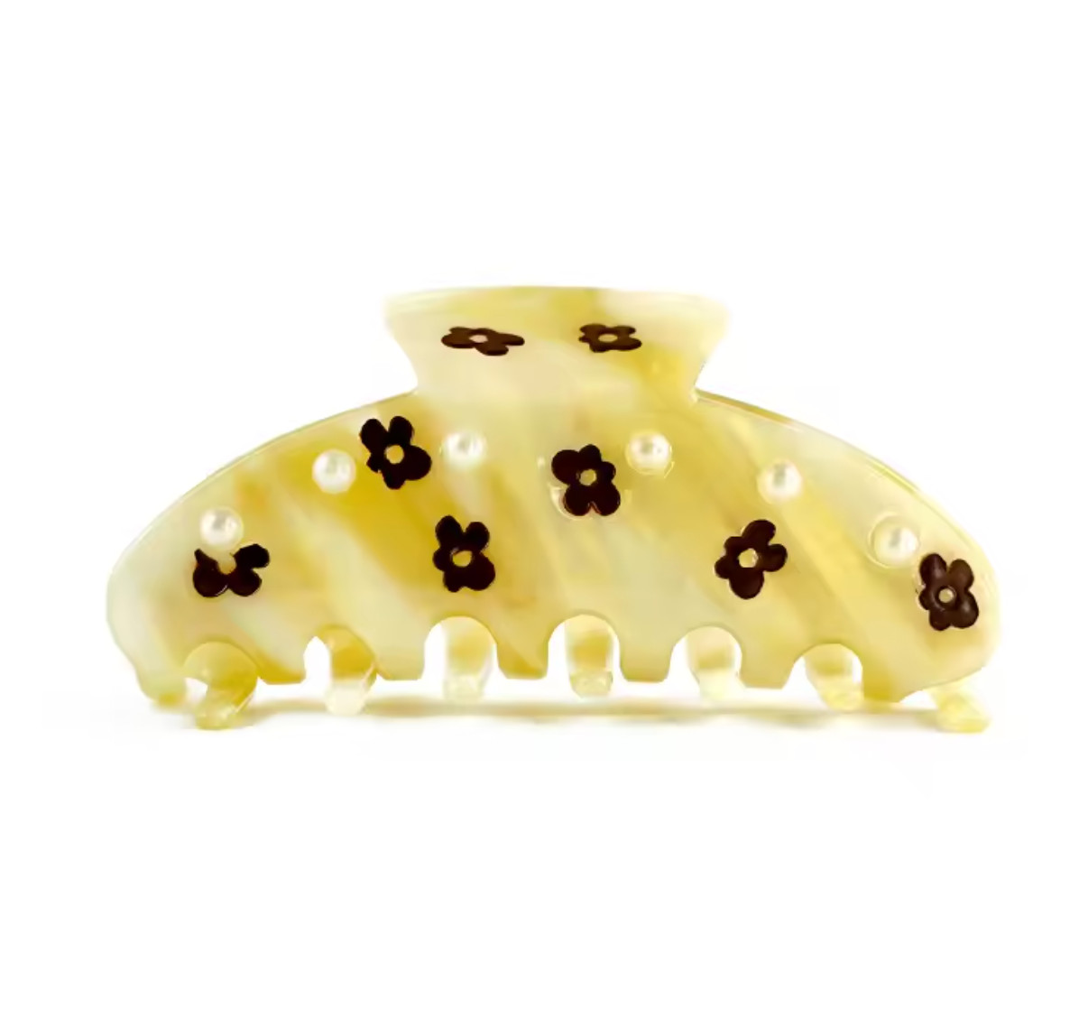 Yellow Half Moon Brown Flower Hair Claw Stick Pearl Elegant Acetate Hair Clip
