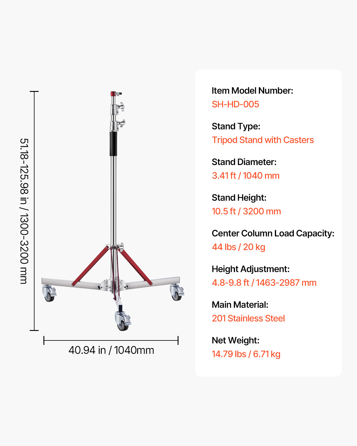 Heavy Duty Light Stand with Casters Max Height 10.5ft/320cm Tripod Stand