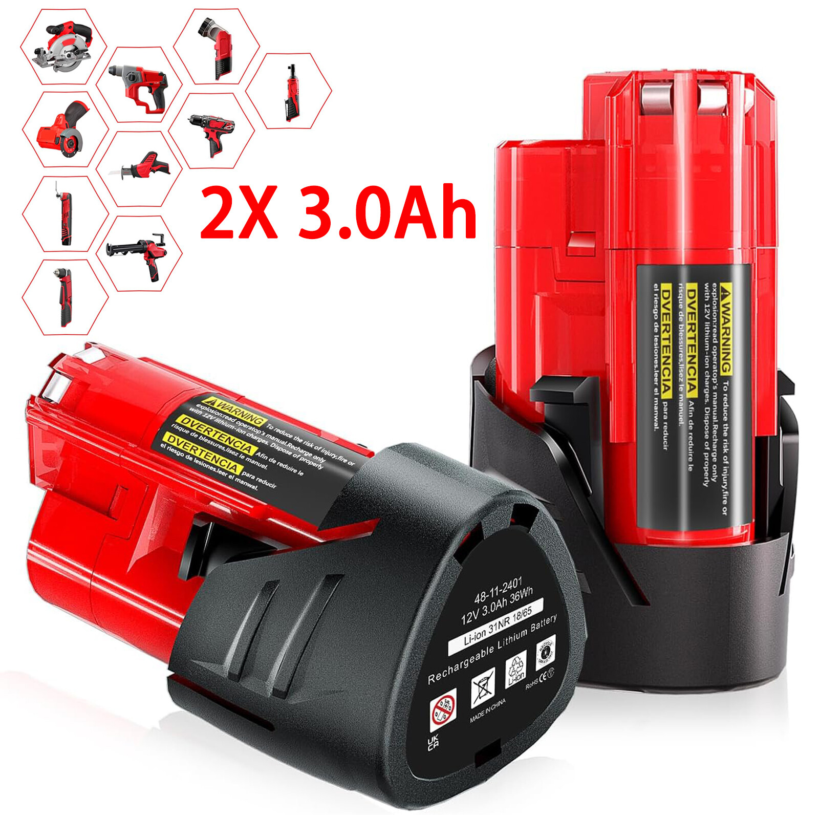2 Pack 12V 3.0Ah for Milwaukee M-12 Lithium-ion Battery 48-11-2425 48-11-2420