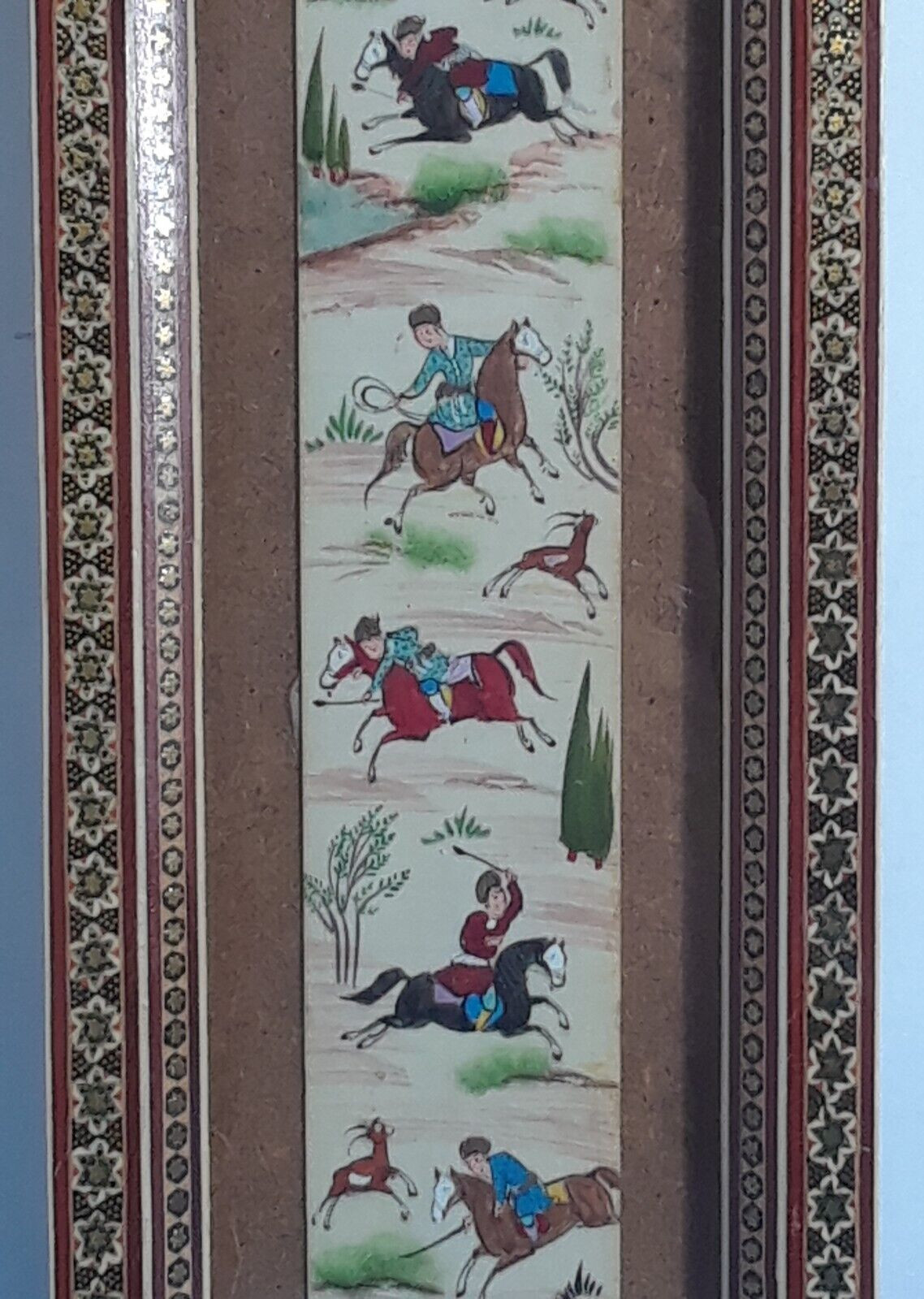 Chinese Scroll Warrior Horses Enamel and Wood Frame 19 3/8 x 5.5