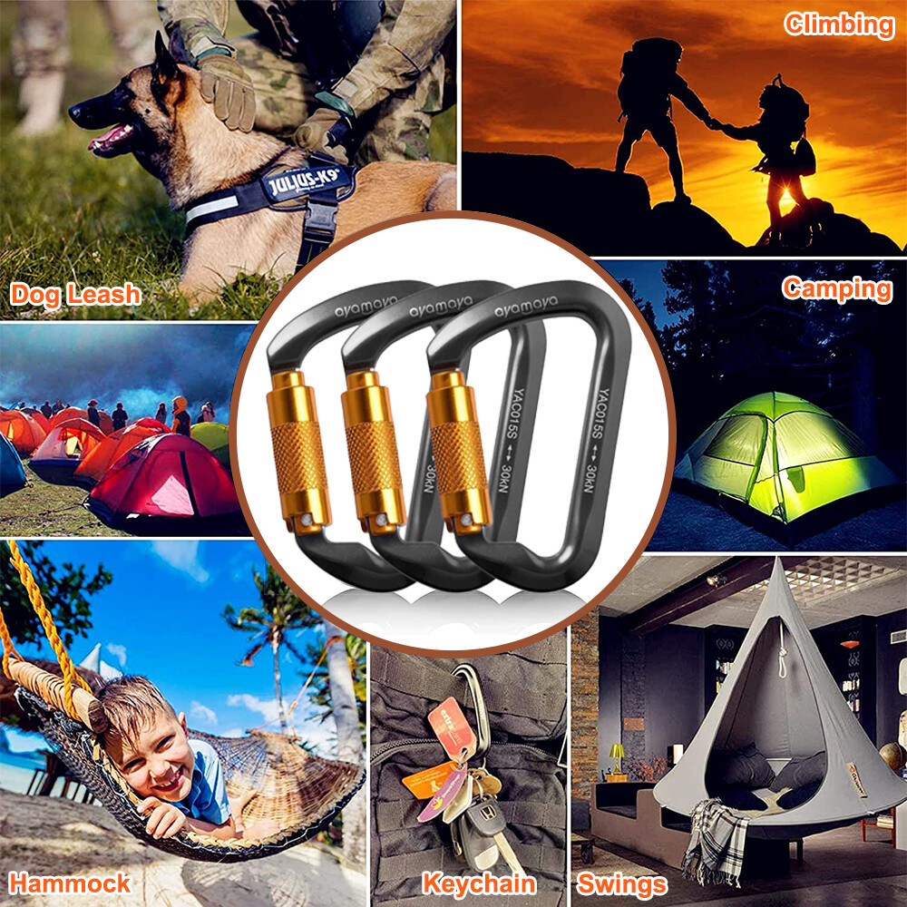 30KN Heavy Duty Auto Locking Climbing Carabiner Aluminum D Ring Clips Twist Lock