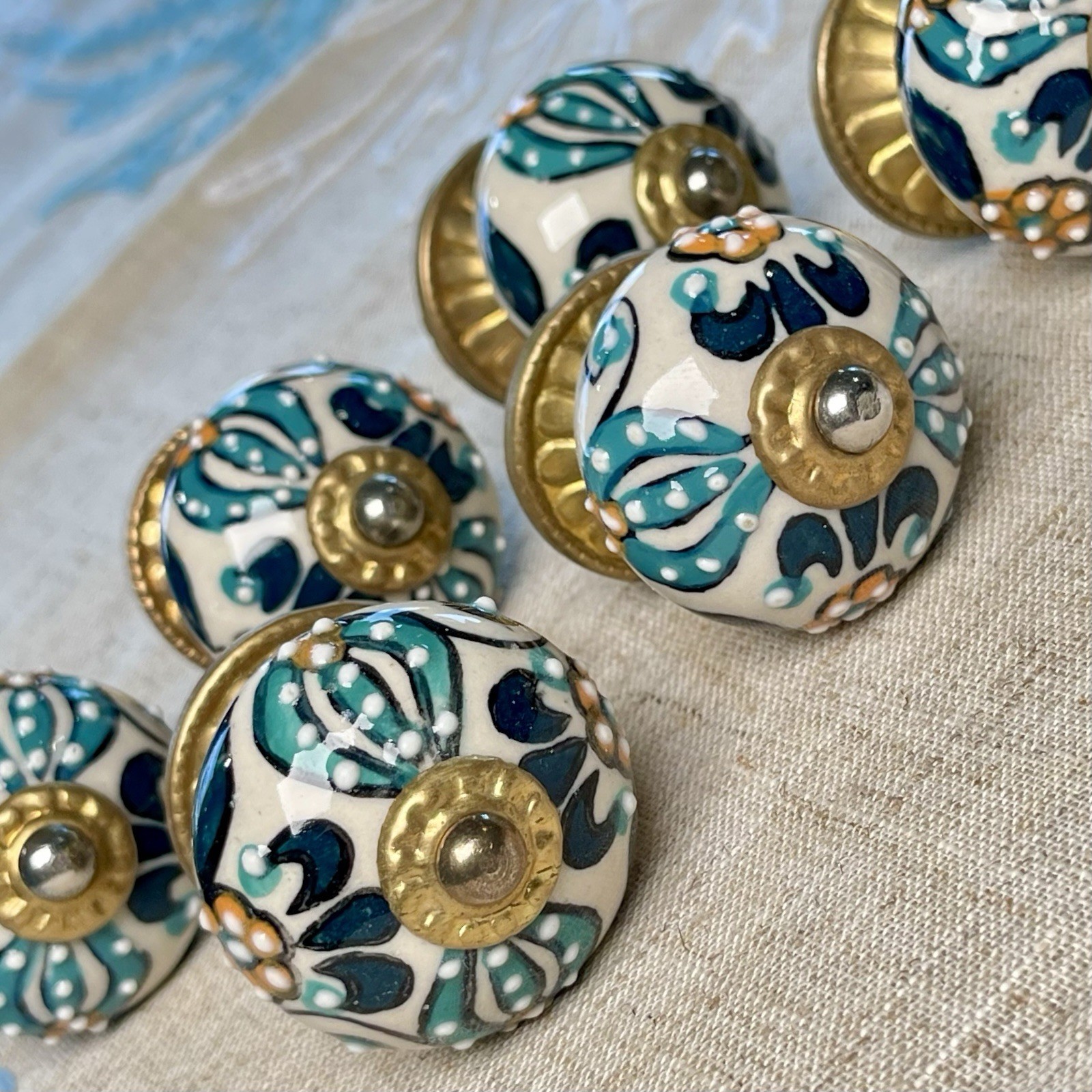 6 Hand Painted Ceramic Boho Floral Drawer Knobs Turquoise Blue Gold White Orange