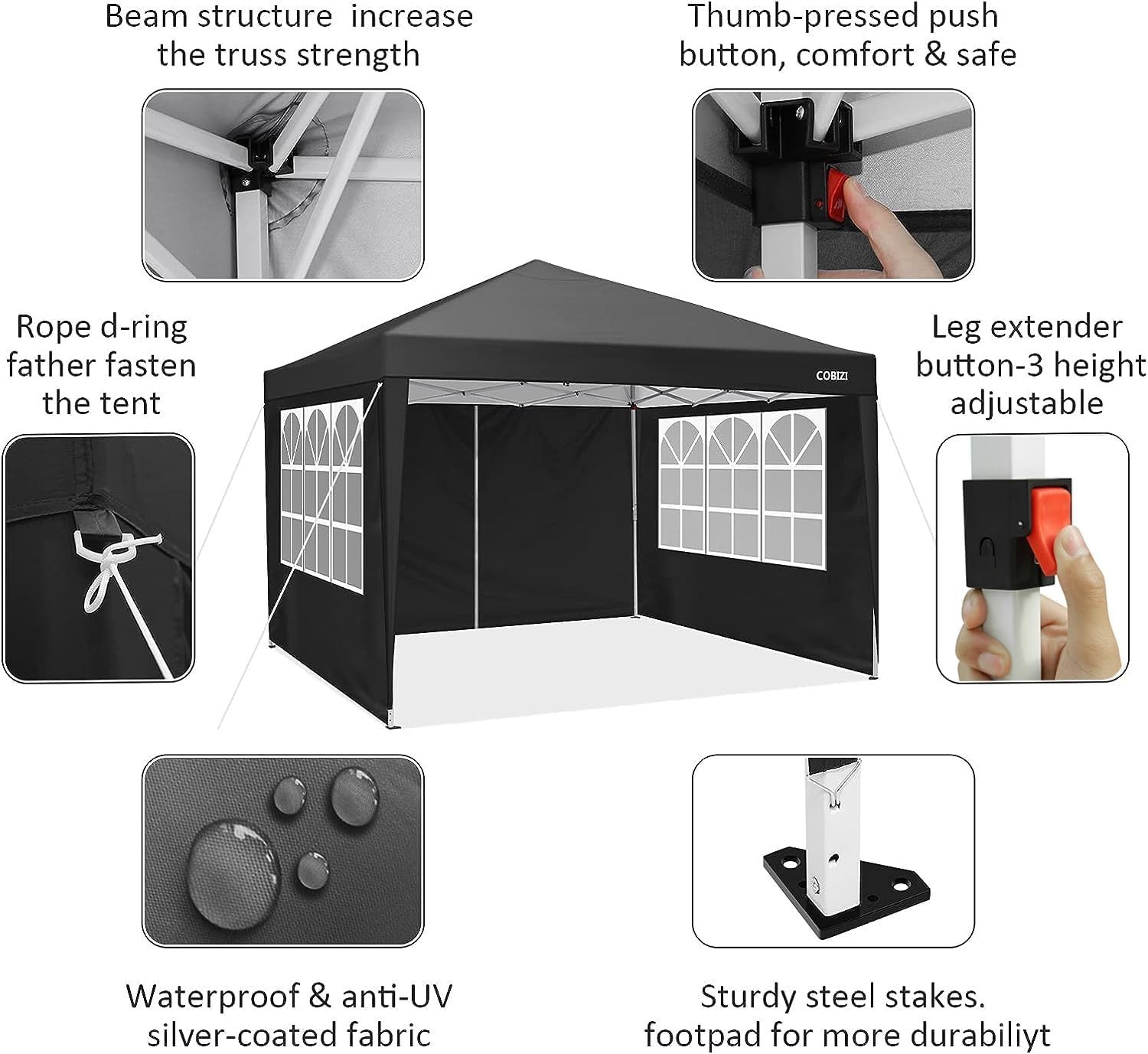 10x10FT EZ Pop Up Canopy Tent with 4 Removable Sidewalls Waterproof Commercial