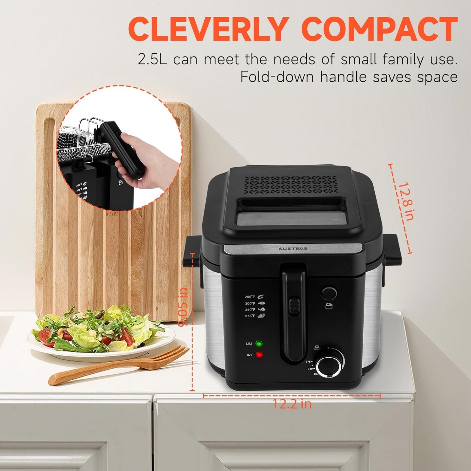 Deep Fryer 1500W Non-Stick Inner Pot Removable Lid Temp Control 2.5L