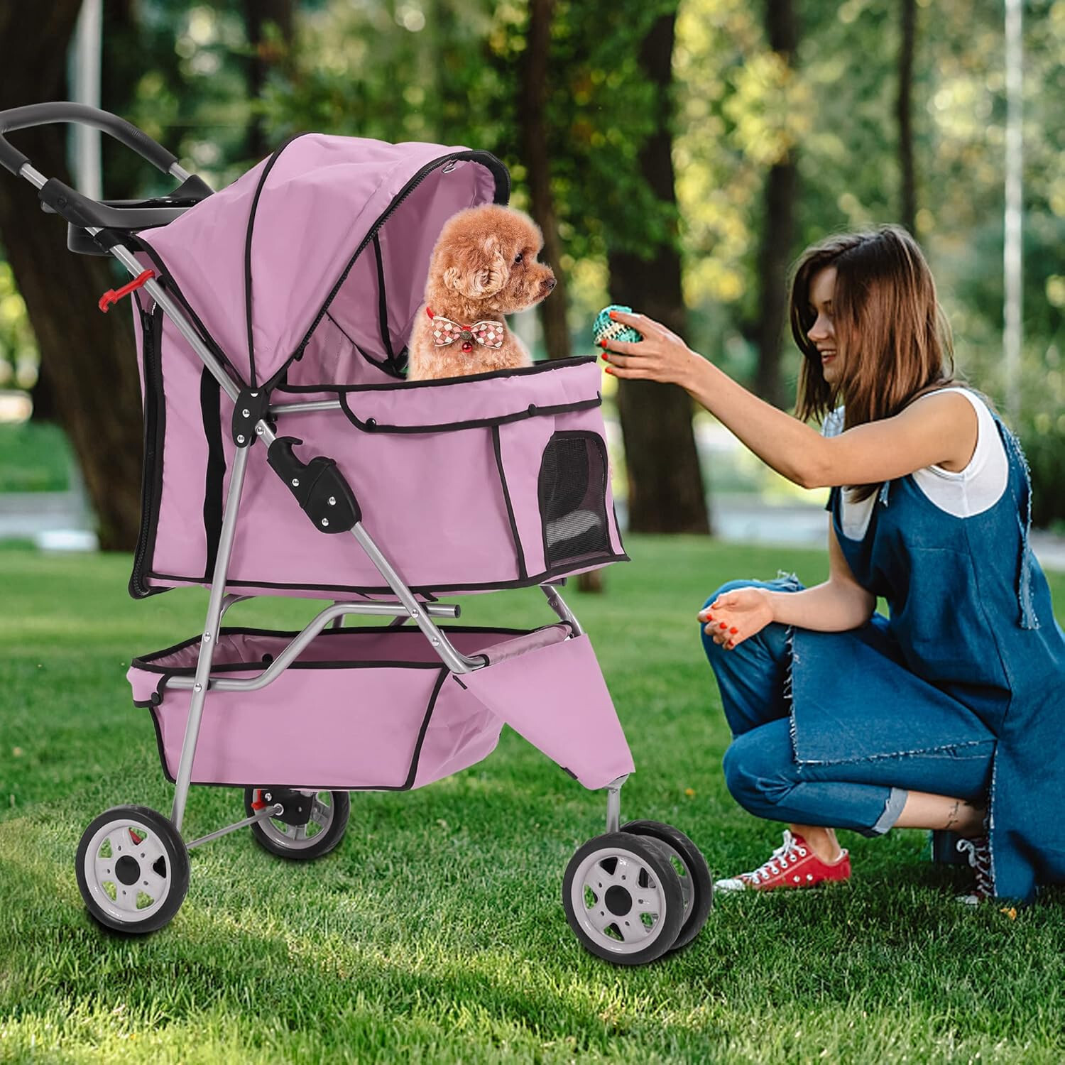 New Pink Pet Stroller Cat Dog Cage 3 Wheels Stroller Travel Folding Carrier