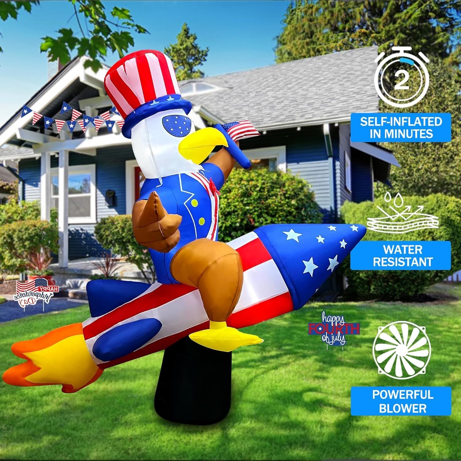 6ft Patriotic Independence Day 4th of July Inflatable Eagle on Rocket 1810