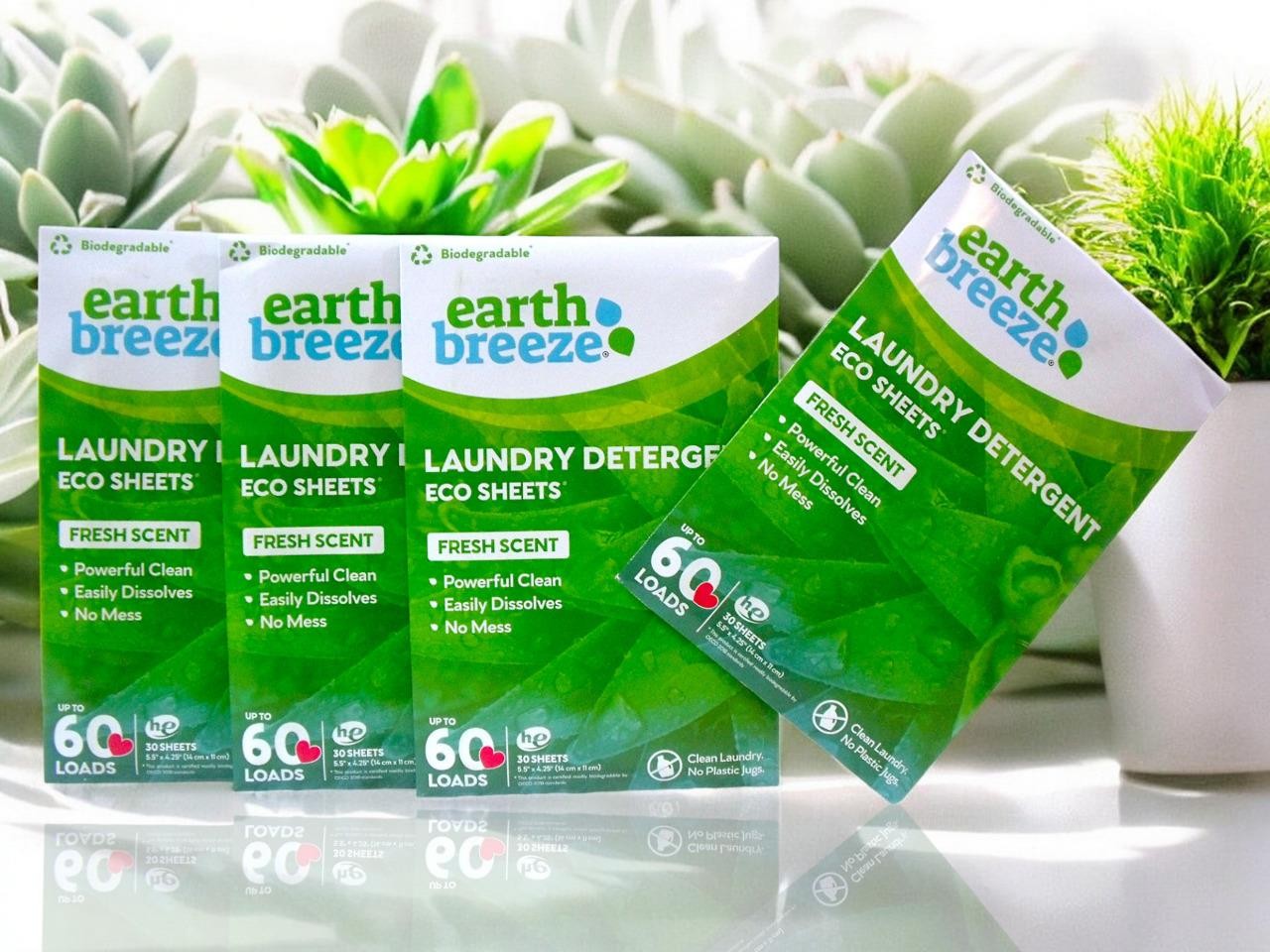 (Lot of 4) Earth Breeze Laundry Detergent Eco-Sheets 60-Loads Each, Fresh Scent
