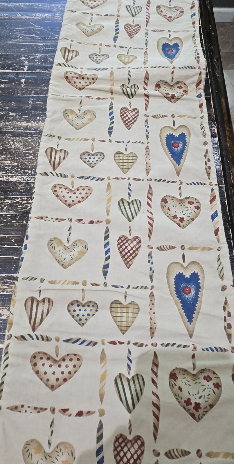 Vintage Noah's Ark Table Runner Folk Art Tapestry Country Hearts 56" x 9 3/4"