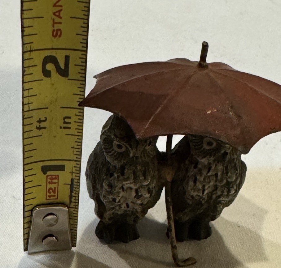 Antique Austrian Bronze Pair of Owls with Red Umbrella- Hand Painted 2in
