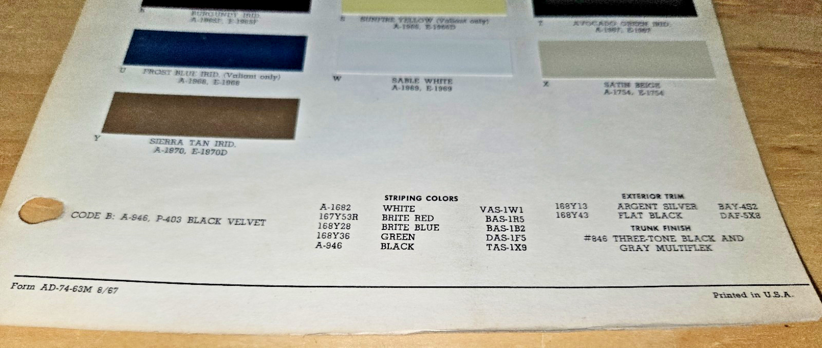 1968 PLYMOUTH Paint chips RM VALIANT BARRACUDA BELVEDERE FURY GTX SATELLITE chip