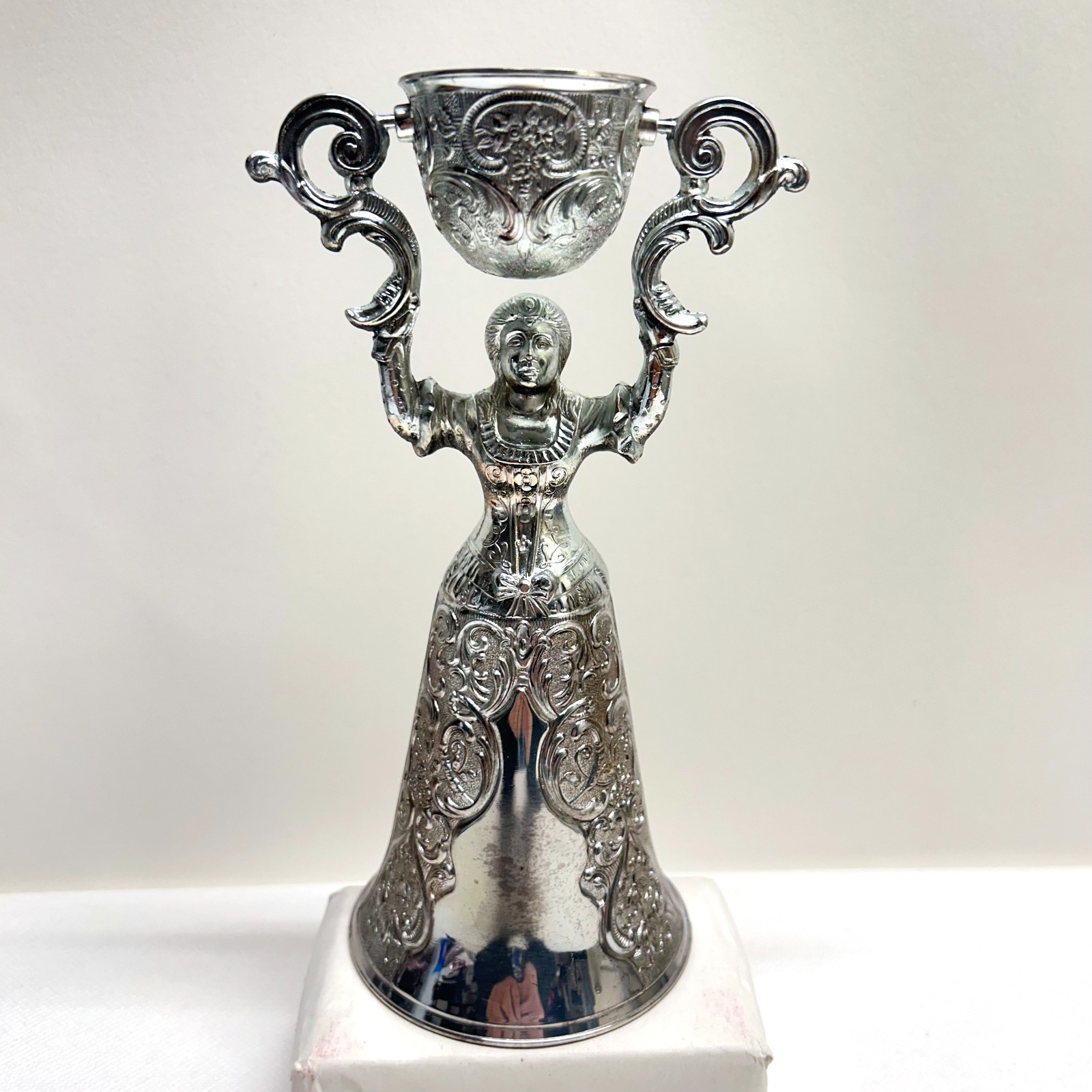 VTG Traditional Antiqued Silver Plated Wedding Cup German Chalice Lady Pink Gem