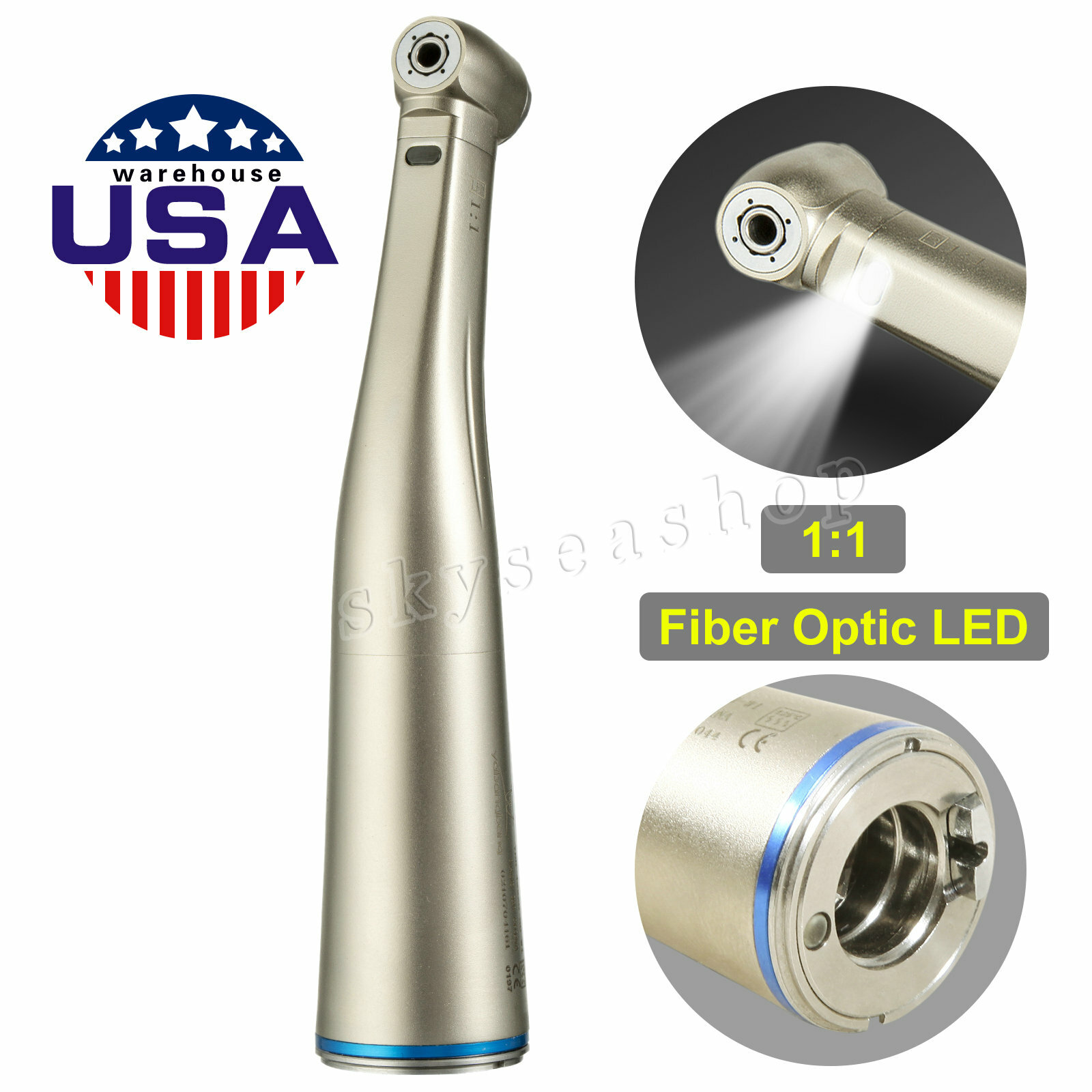 US Dental 1:1 LED Fiber Optic Internal Water Spray Contra Angle Handpiece SANDEN