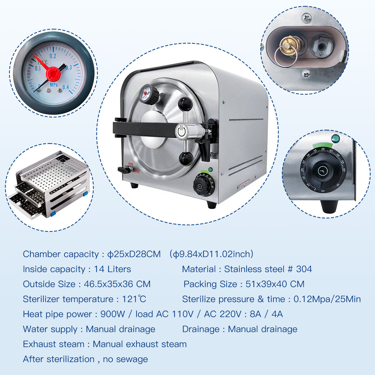 14L/17L/18L/22L Class B Dental Autoclave Steam Sterilizer Medical Sterilization