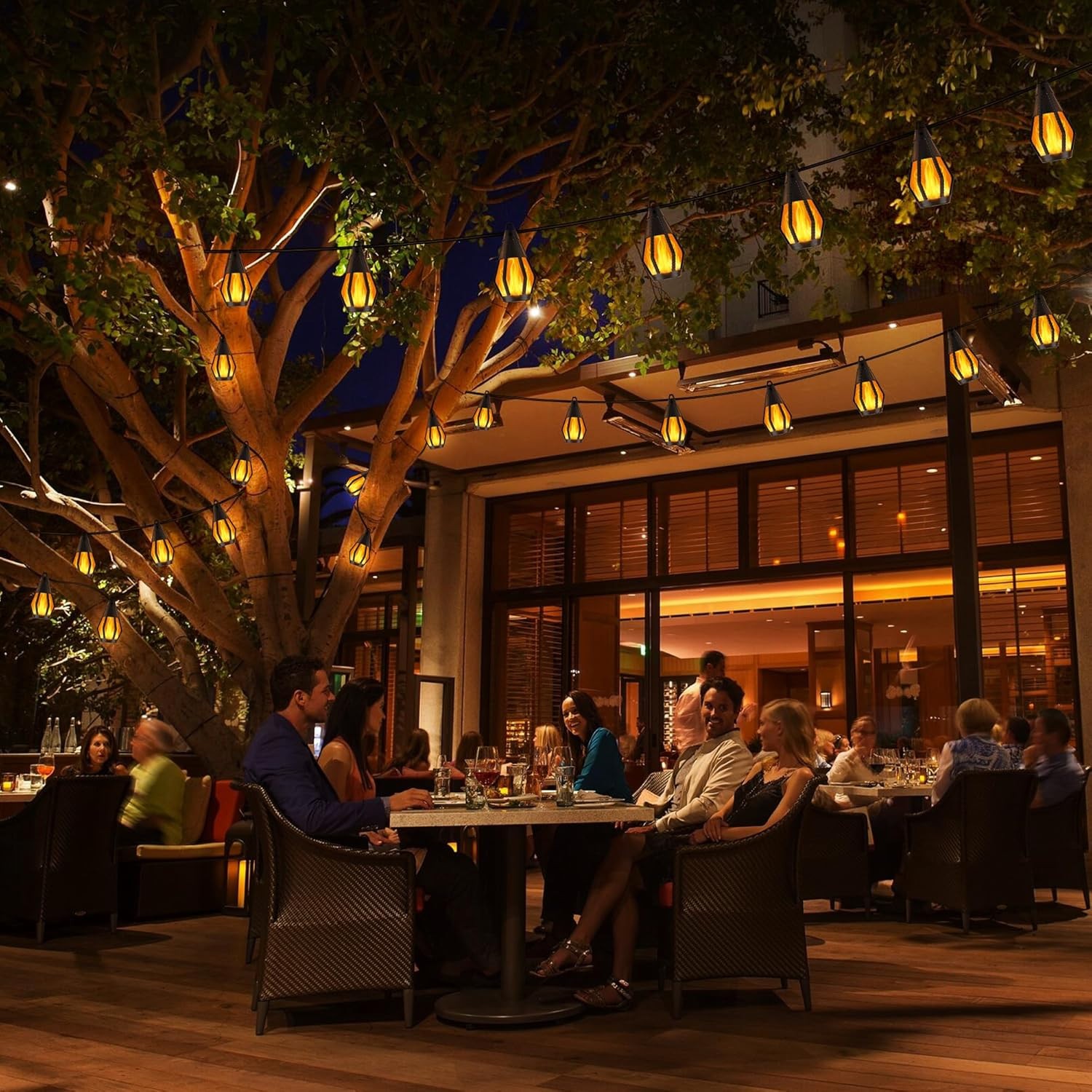 Solar String Lights for Outside 28Ft Patio Lights 15 Flickering Flame Light Bulb