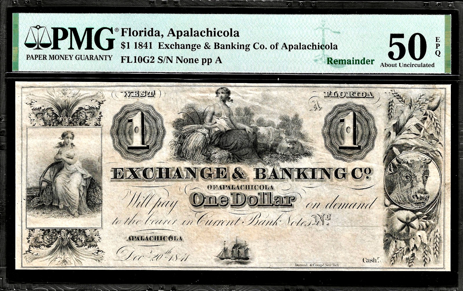 1841 Florida Exchange & Banking Co Apalachicola $1 Obsolete Banknote PMG AU50EPQ