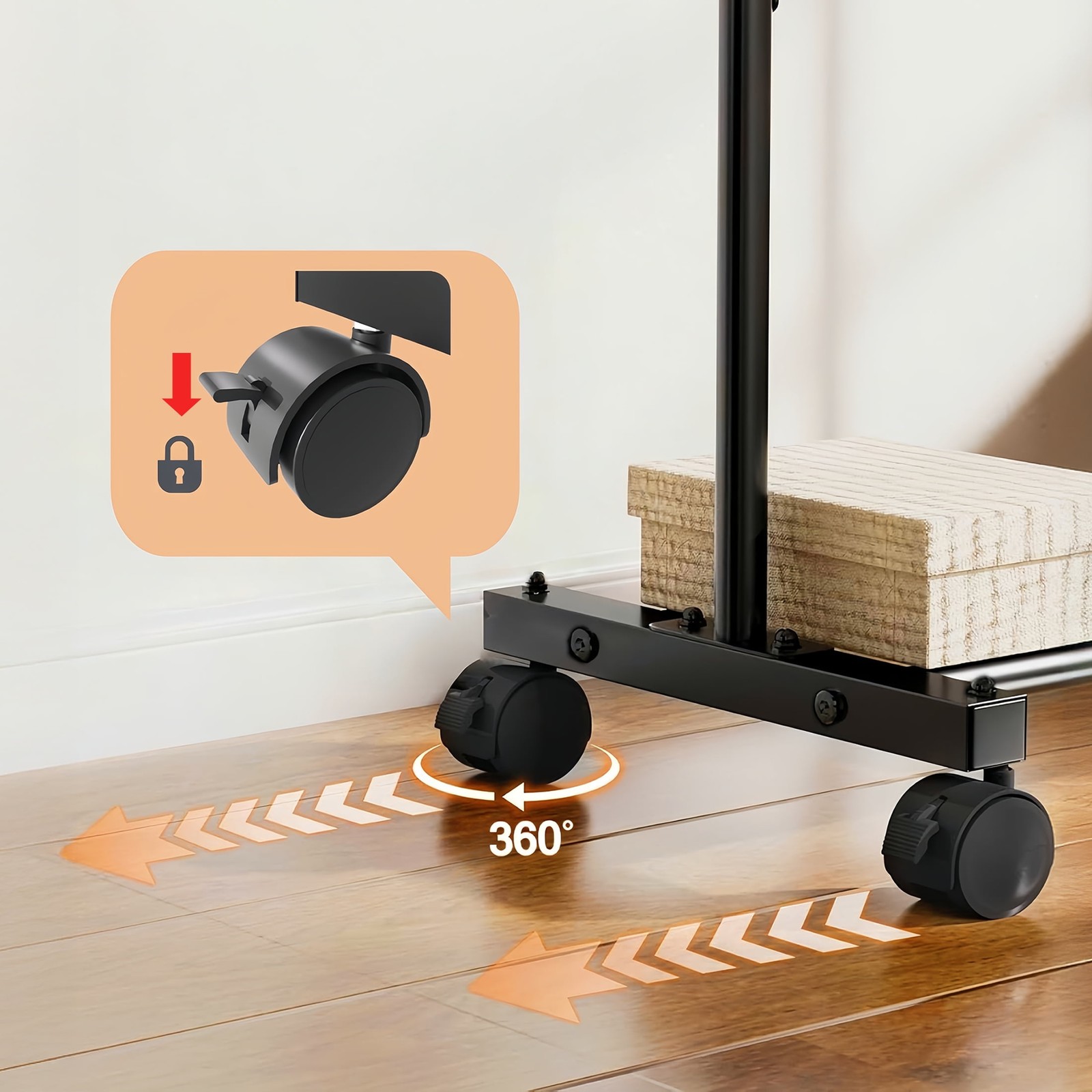 Wheeled clothes rack with storage shelf, black