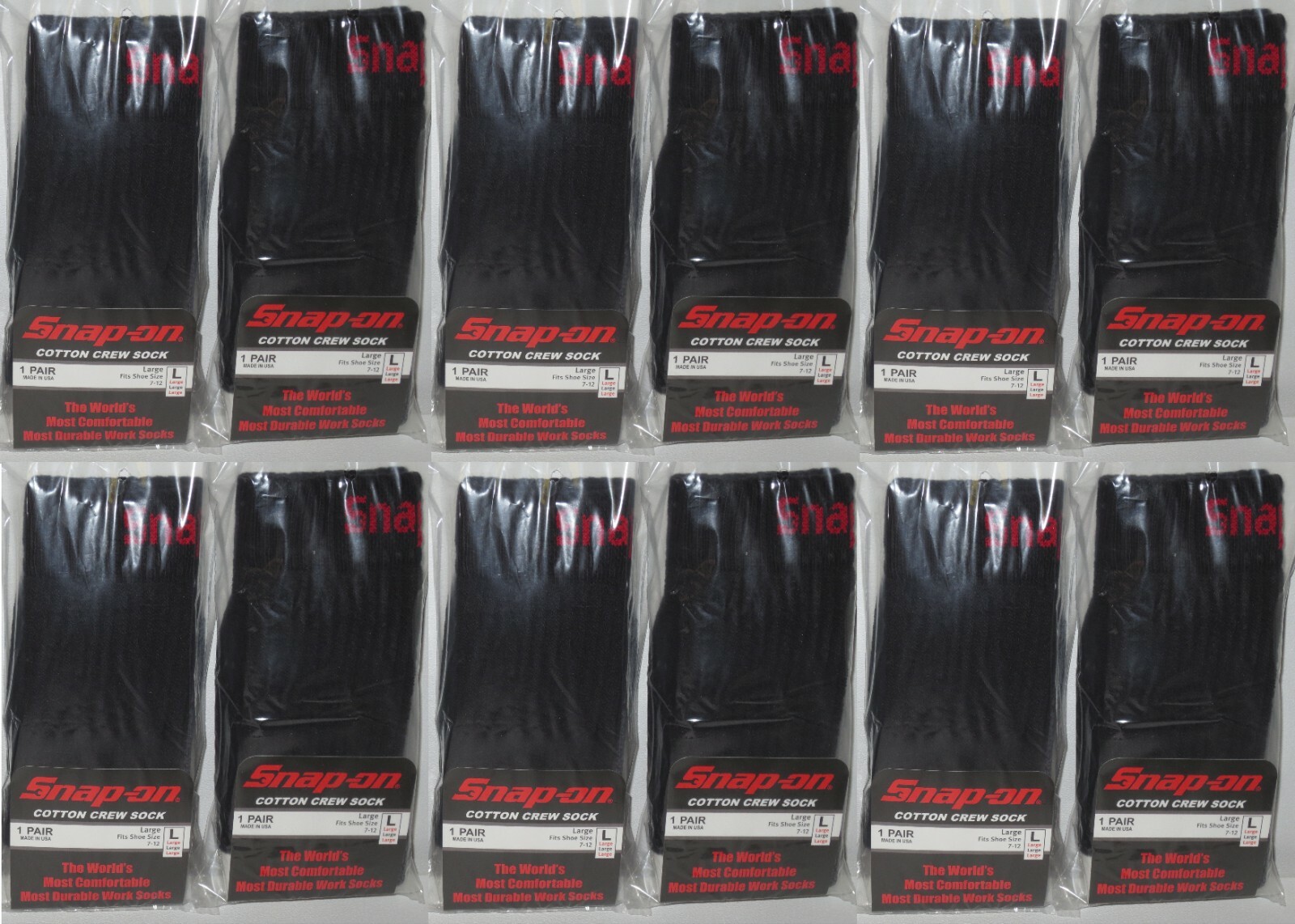 12 Snap-On CREW Socks BLACK LARGE ~ FREE SHIPPING ~ MADE IN USA  12 PAIRS *NEW*