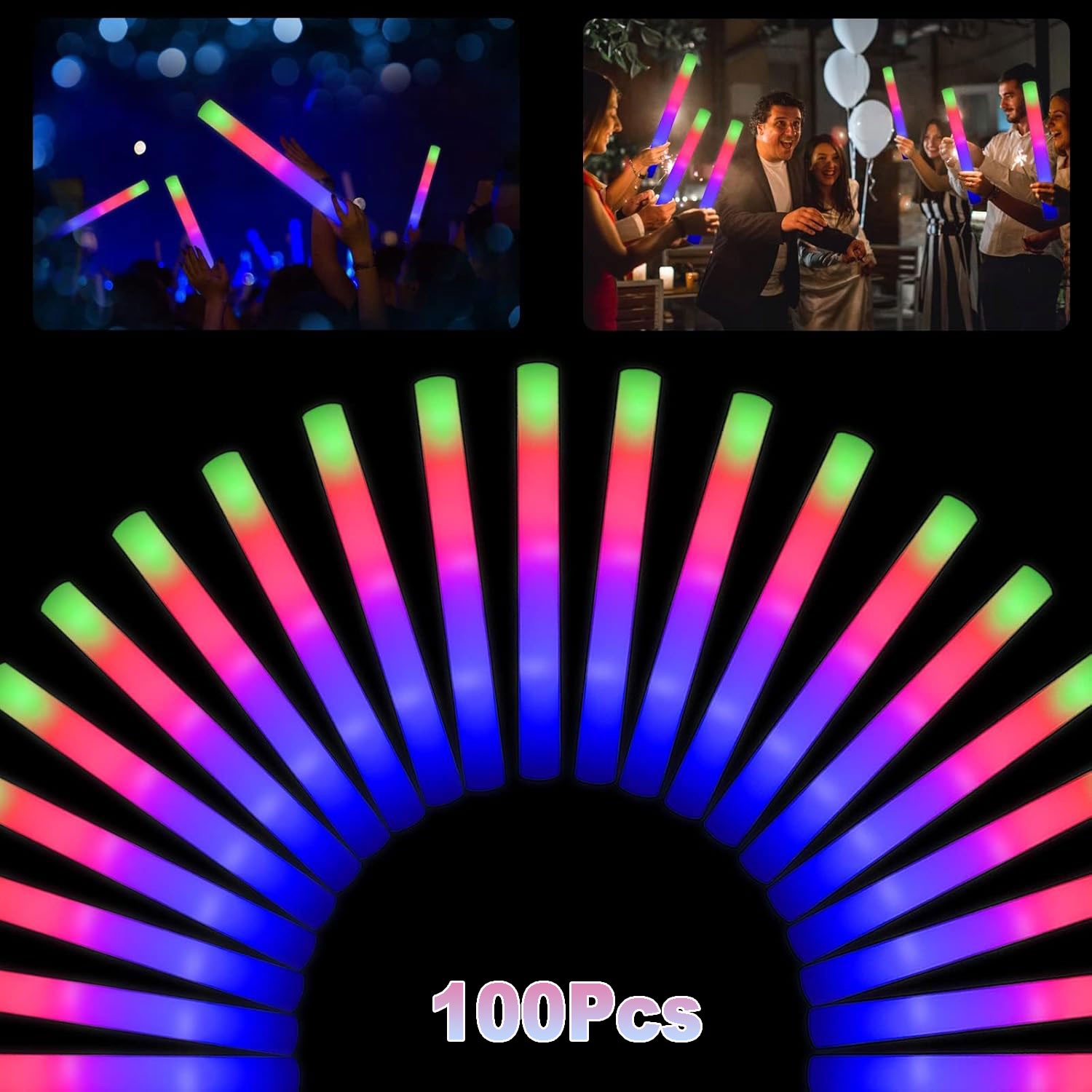 100PCS LED Foam Sticks Light Up Wands Rally Flashing Glow Party Rave