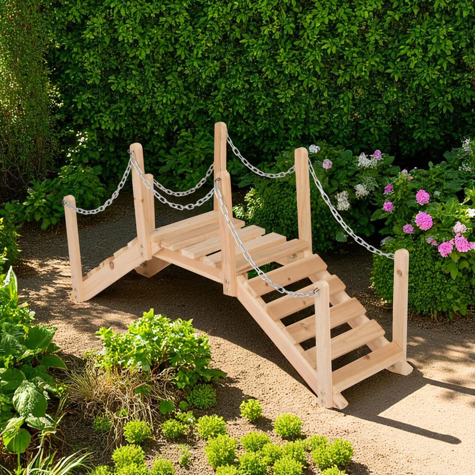 Shine Company 4963N Decorative Cedar Wood Garden Bridge with Side Rails, Natu...