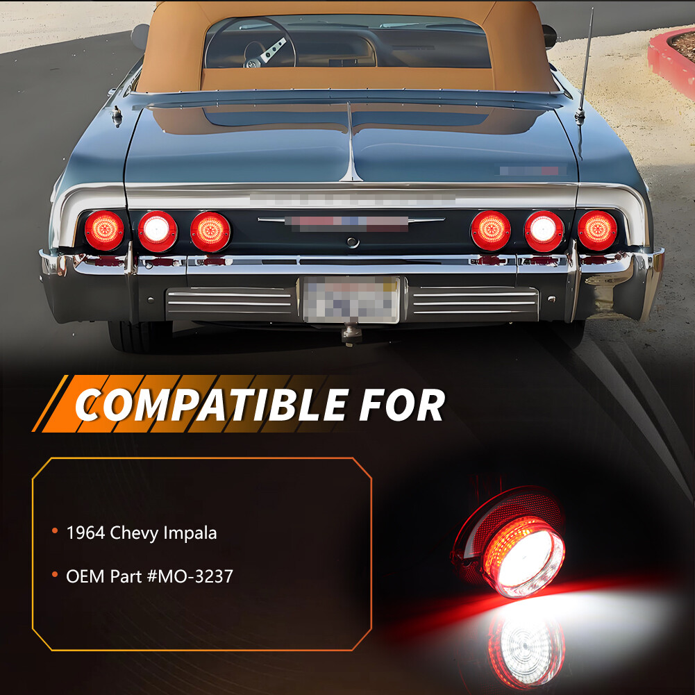 6X Red LED Rear Tail Light Lenses & White LED Backup Lamps For 1964 Chevy Impala