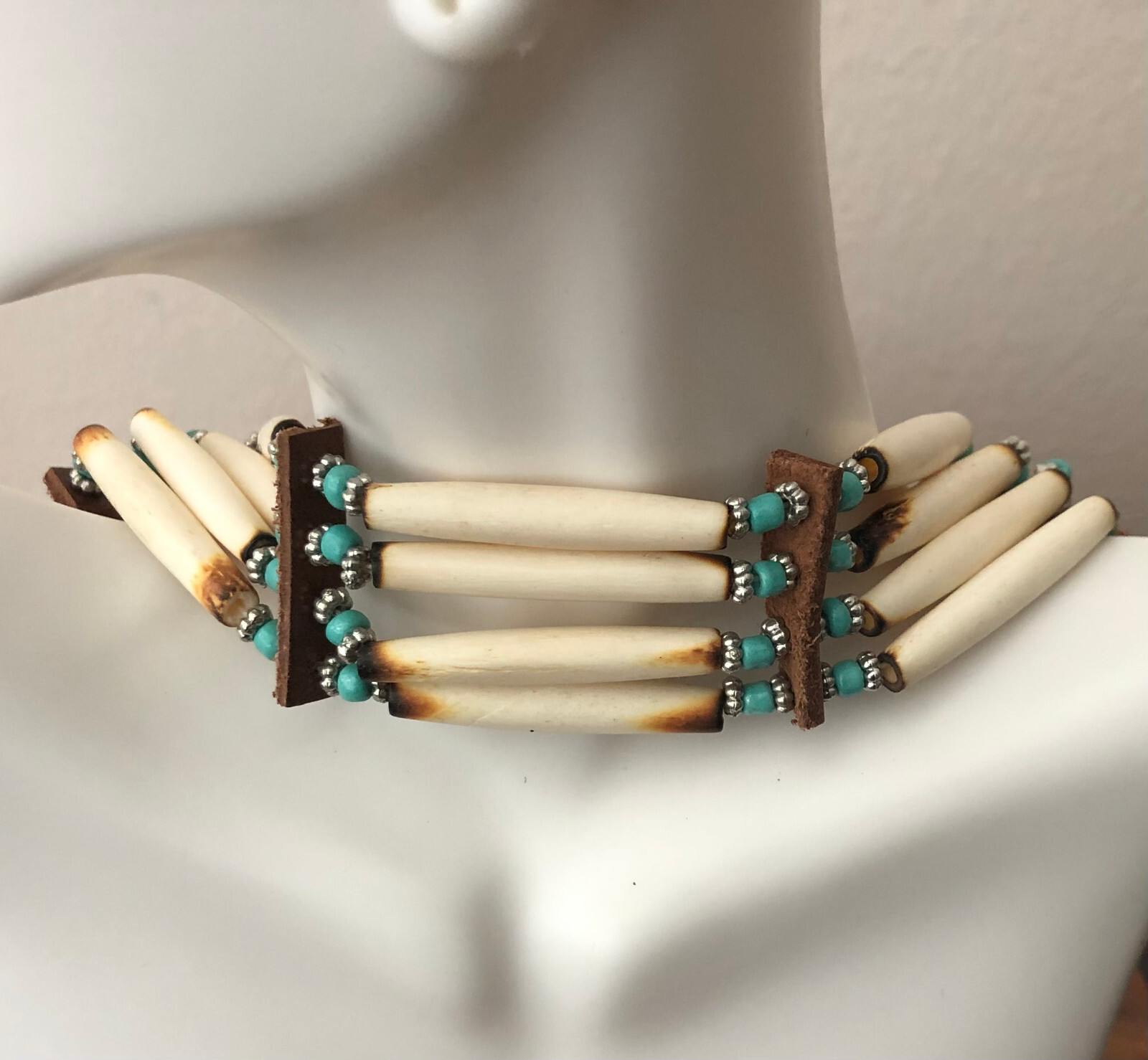 Buffalo Bone 4 Row Tribal Native American Choker Necklace Beaded Turquoise Stone