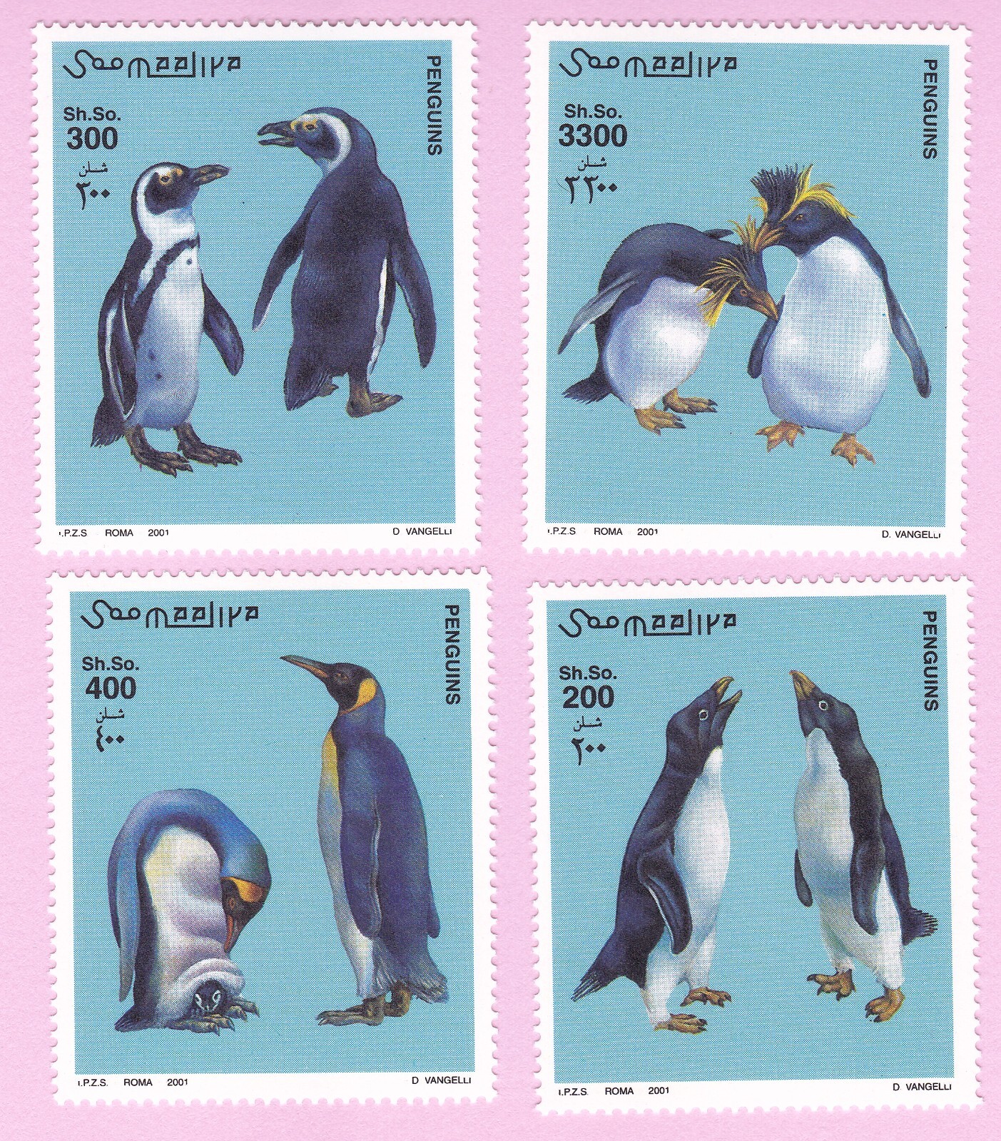 2001 PENGUINS STAMP SET 4 SINGLES BIRDS WILDLIFE ANIMAL SOMALIA UNUSED POSTAGE