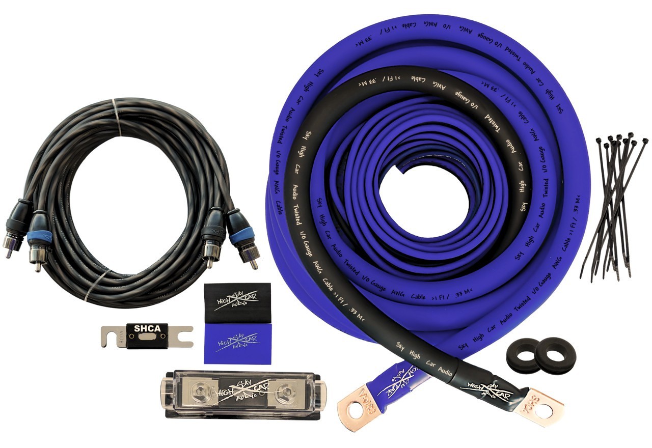 Oversized 1/0 Ga OFC AWG Amp Kit Twisted RCA BLUE Black Sky High Car Audio Compl