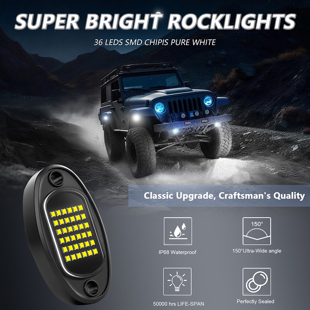 8 x Pure White LED Rock Lights Underbody Glow Lamp for Offroad SUV Pickup Truck
