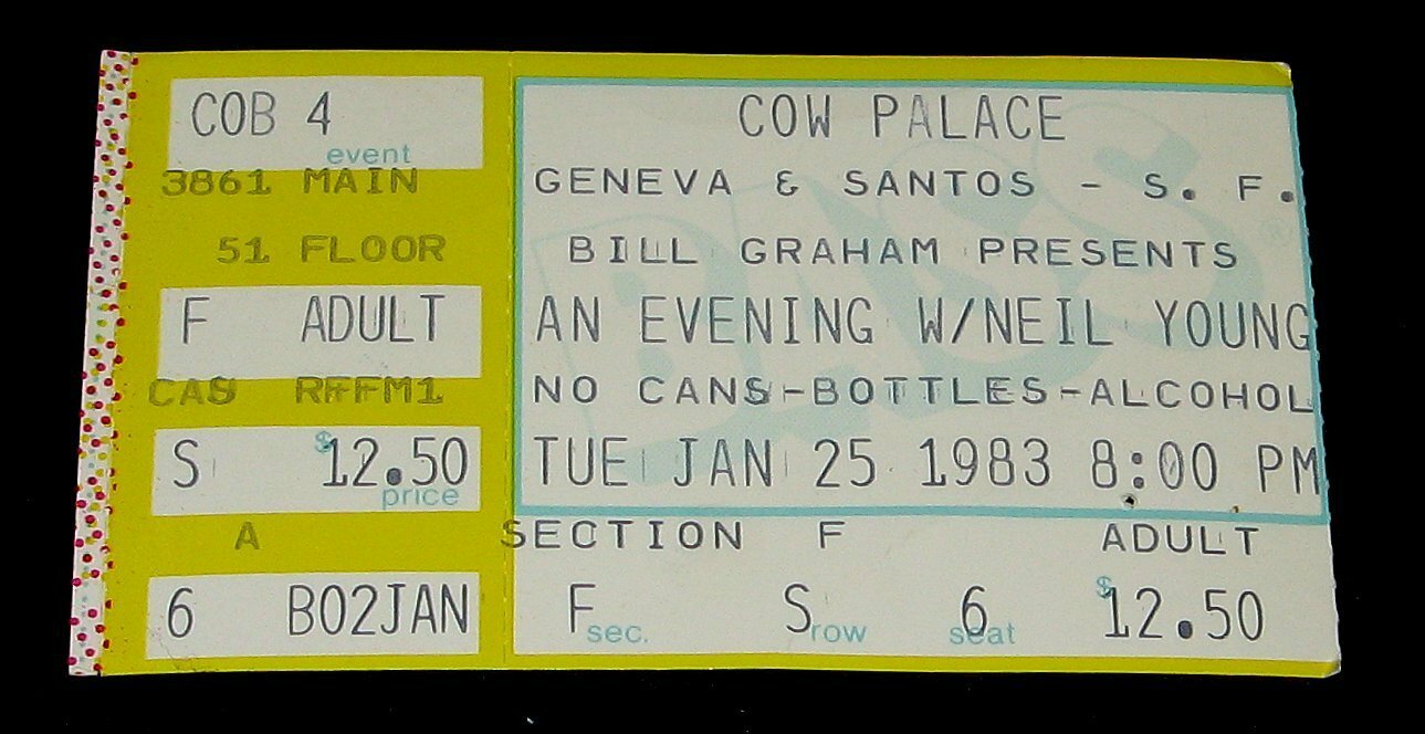 NEIL YOUNG 1983 ORIGINAL SOLO CONCERT TICKET STUB * SAN FRANCISCO COW PALACE