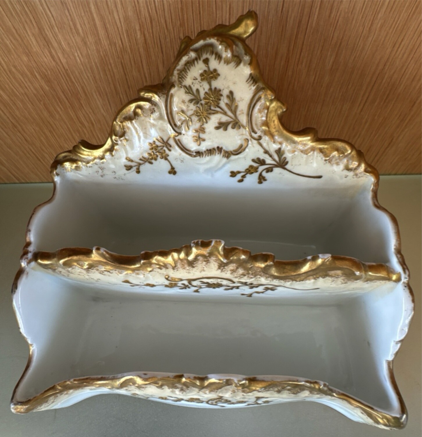 antique c. 1900 AK CD LIMOGES gilt porcelain letter holder desktop accessory