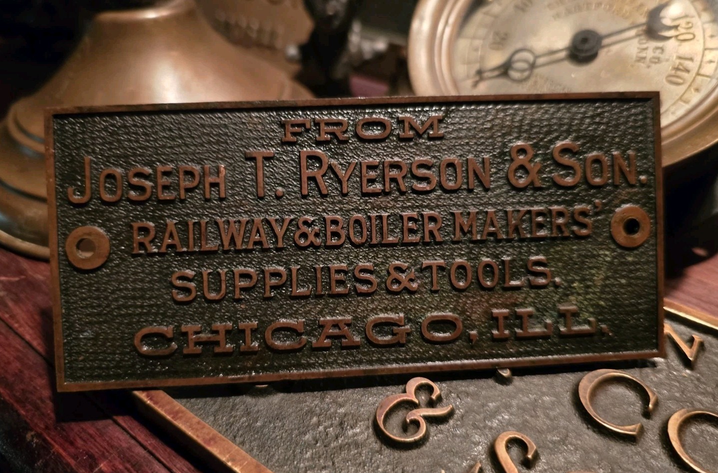 Antique 1890's Railroad Ryerson & Son Chicago IL Makers Brass Plate