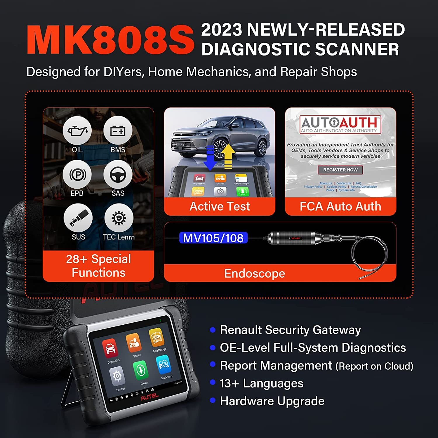 2023 Autel MaxiCOM MK808S Bidirectional Car Diagnostic Scanner Tool Key Coding