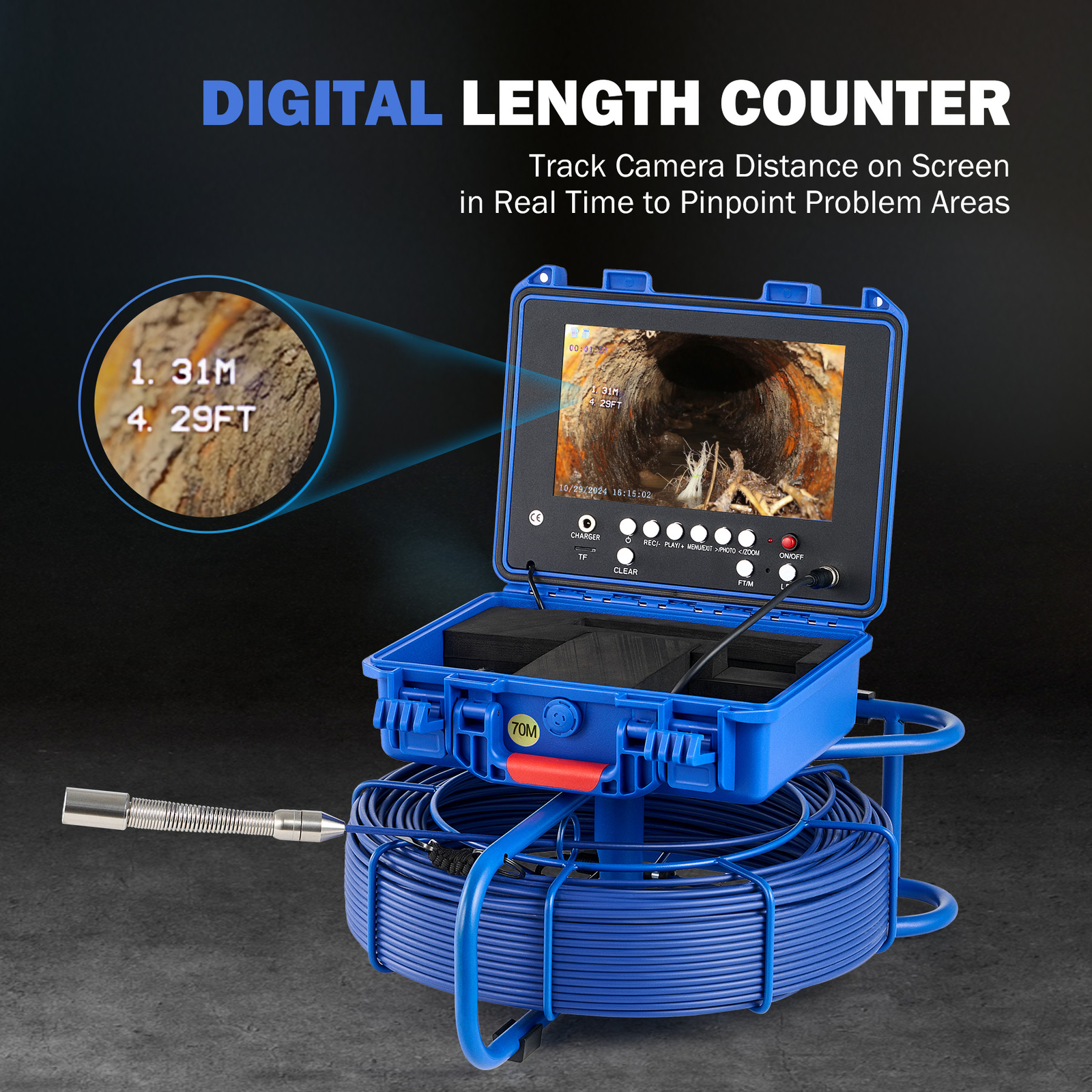 9" Self-Leveling Sewer Inspection Camera 512Hz 230ft/70m Digital Length Counter
