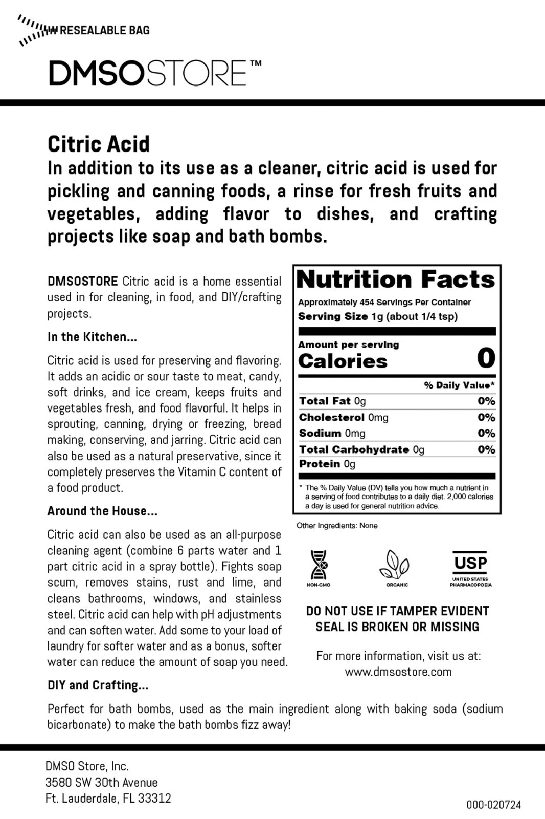 CITRIC ACID 1 lb. 100% Fine Grain Food Grade In Resealable Foil Bag