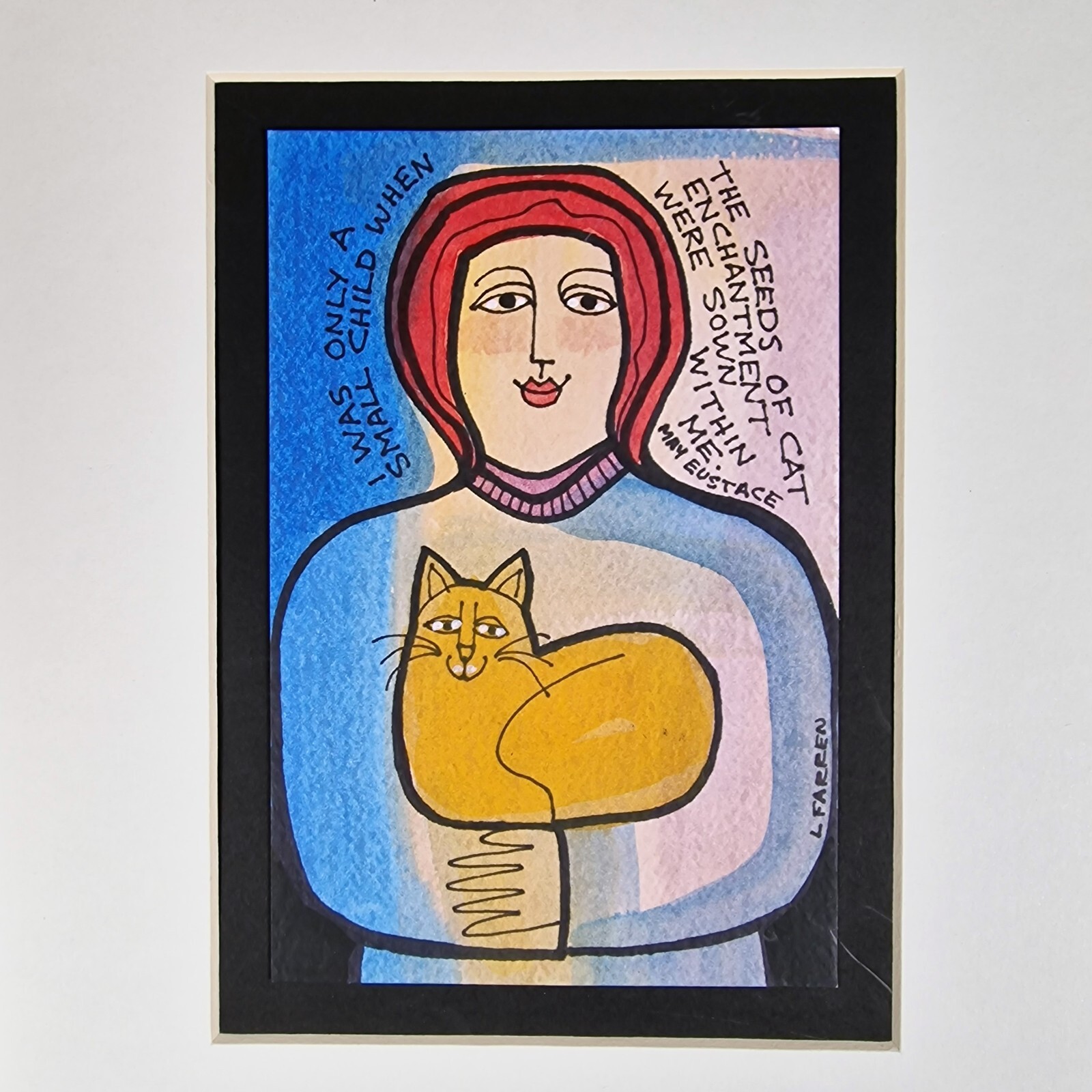 Lynne Farren Watercolor Painting Cat Held by Woman with Quote by May Eustace PNW