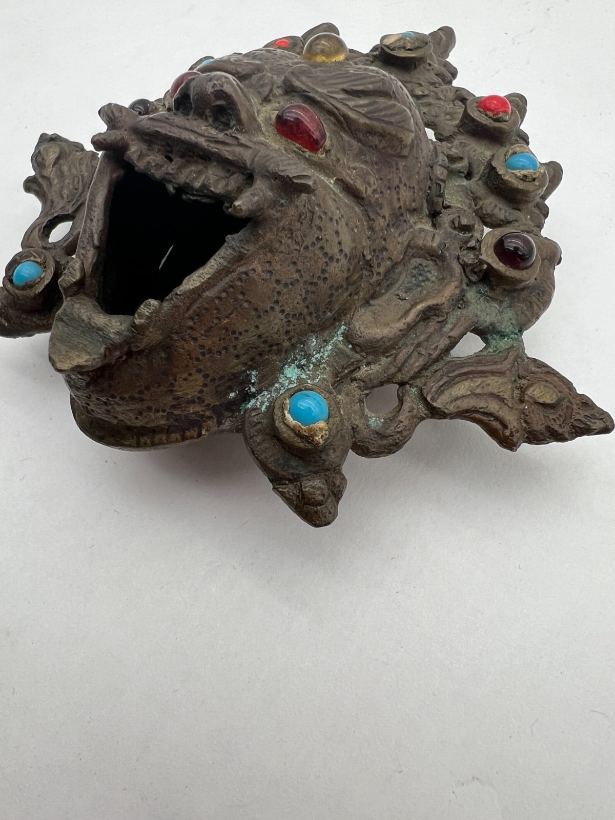 Vintage Tibetan Buddhist Bronze Mahakala Mask w Turquoise Coral Inlay