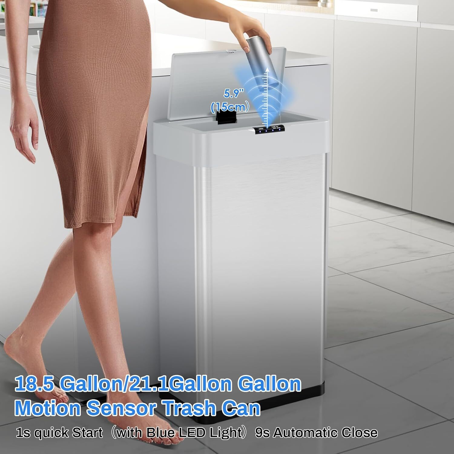 Motion Sensor Kitchen Trash Can Stainless Steel Garbage Can Touchless 21.1 Gal