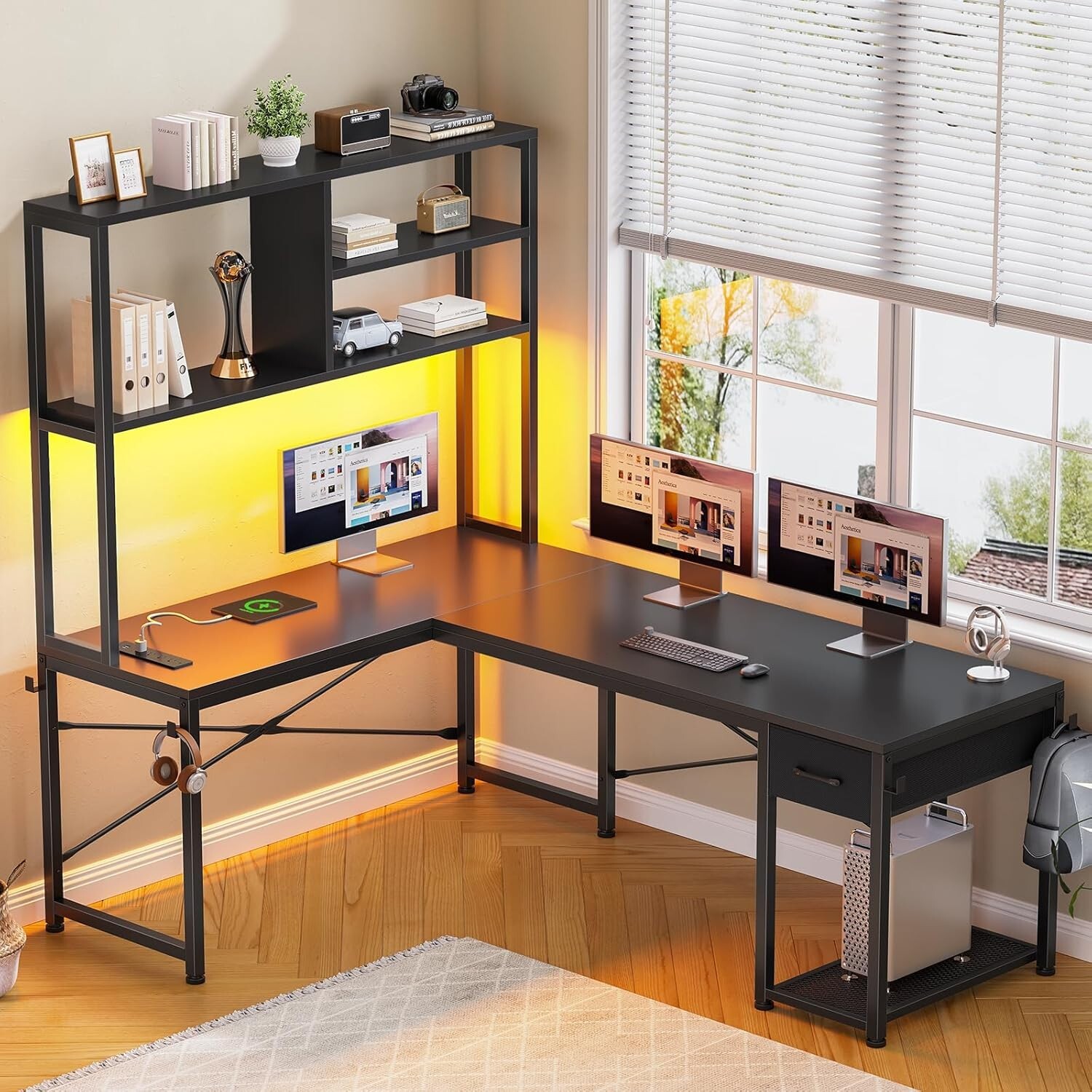 L Shaped Computer Desk with LED Lights and Storage Shelves, Home Office Desk